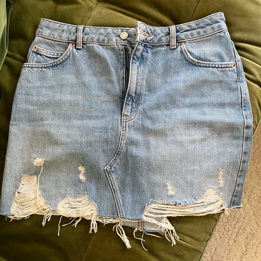 Topshop Light Blue Distressed Mini Skirt